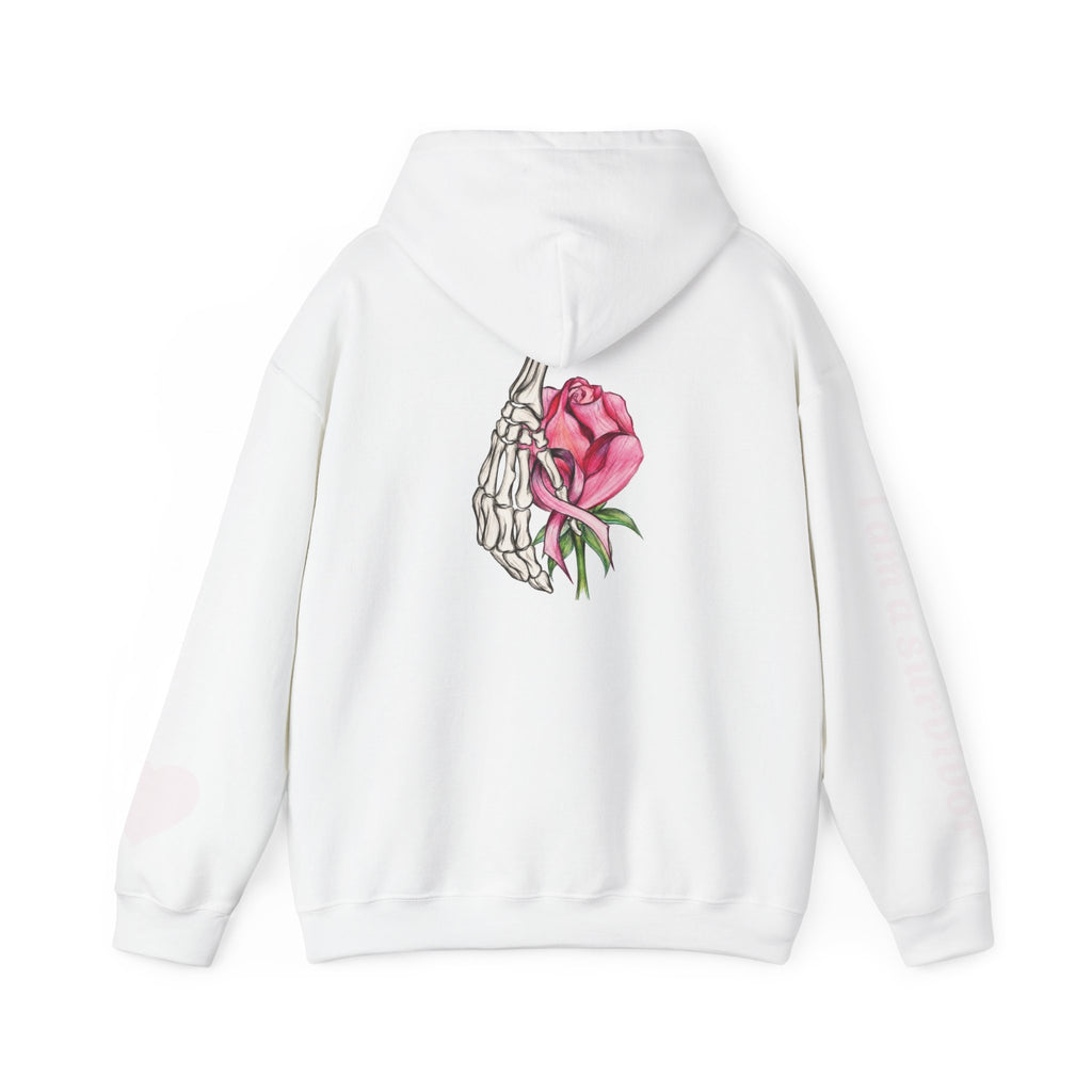 Breast Cancer Awareness Hoodie — Skeletal Hand Holding Pink Rose Back Graphic