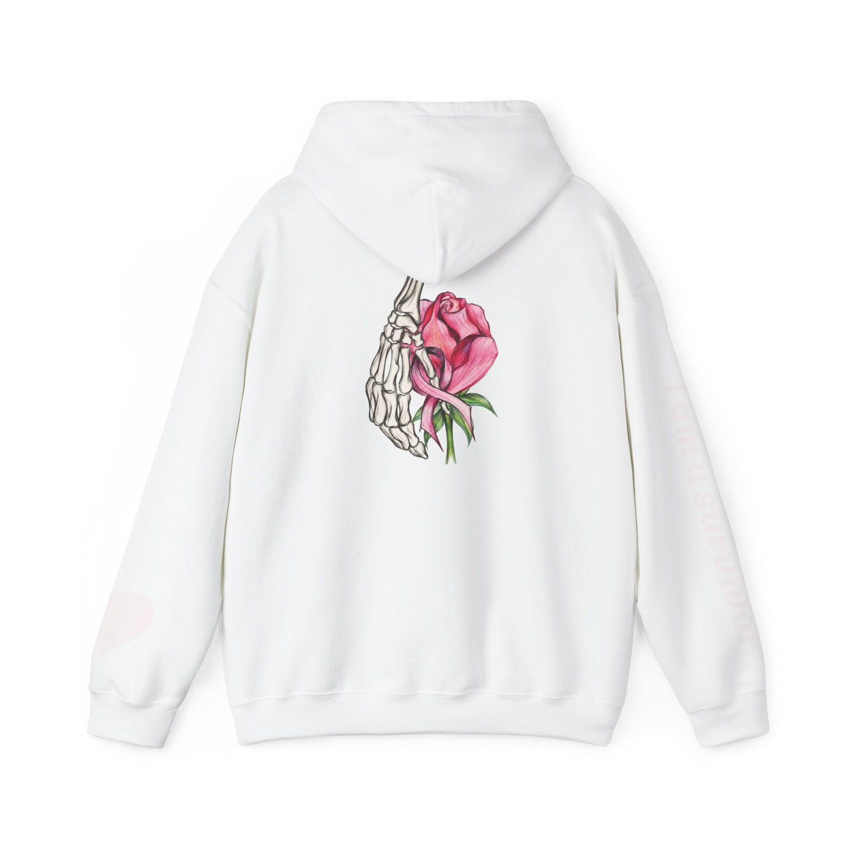 Breast Cancer Awareness Hoodie — Skeletal Hand Holding Pink Rose Back Graphic