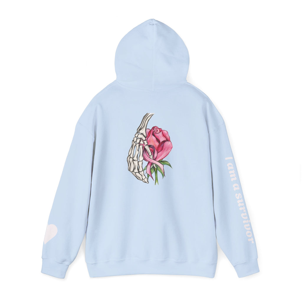 Breast Cancer Awareness Hoodie — Skeletal Hand Holding Pink Rose Back Graphic