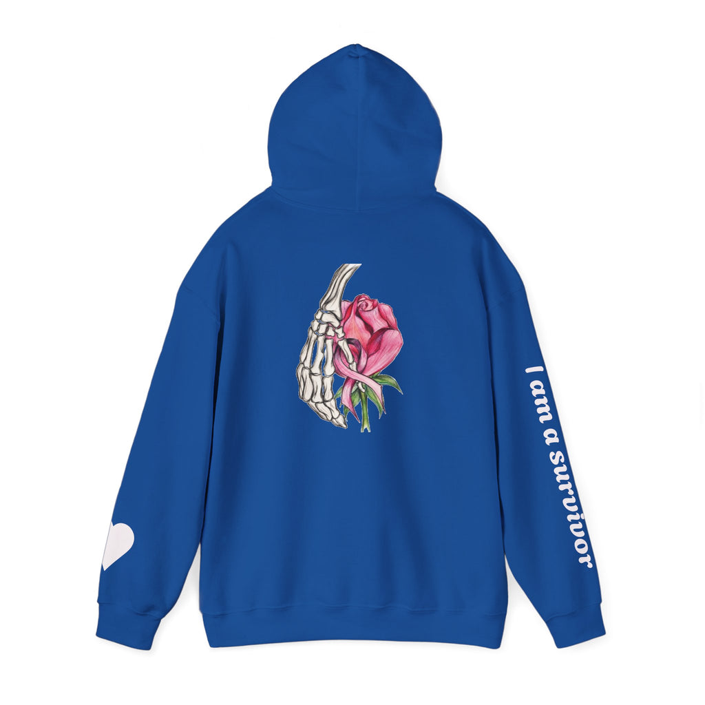 Breast Cancer Awareness Hoodie — Skeletal Hand Holding Pink Rose Back Graphic