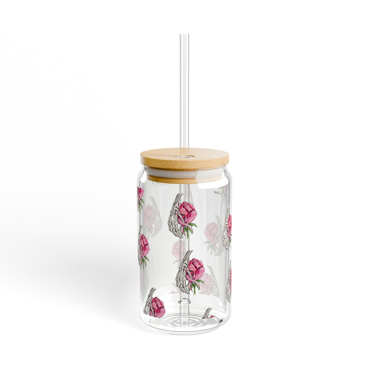 Breast Cancer Awareness Pink Rose 16oz Sipper Glass with Bamboo Lid & Straw
