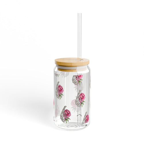 Breast Cancer Awareness Pink Rose 16oz Sipper Glass with Bamboo Lid & Straw
