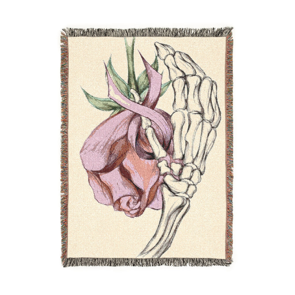 Breast Cancer Awareness Skeleton Hand Rose Woven Blanket