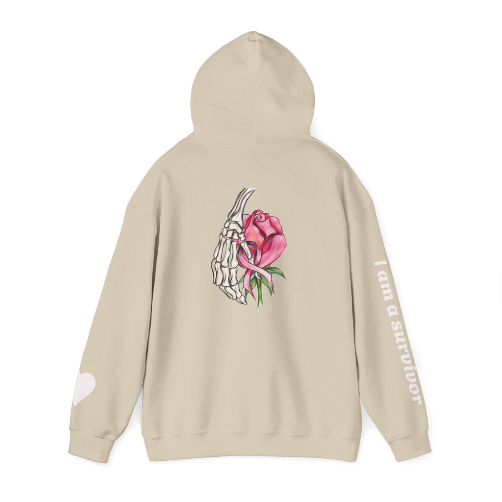 Breast Cancer Awareness Hoodie — Skeletal Hand Holding Pink Rose Back Graphic