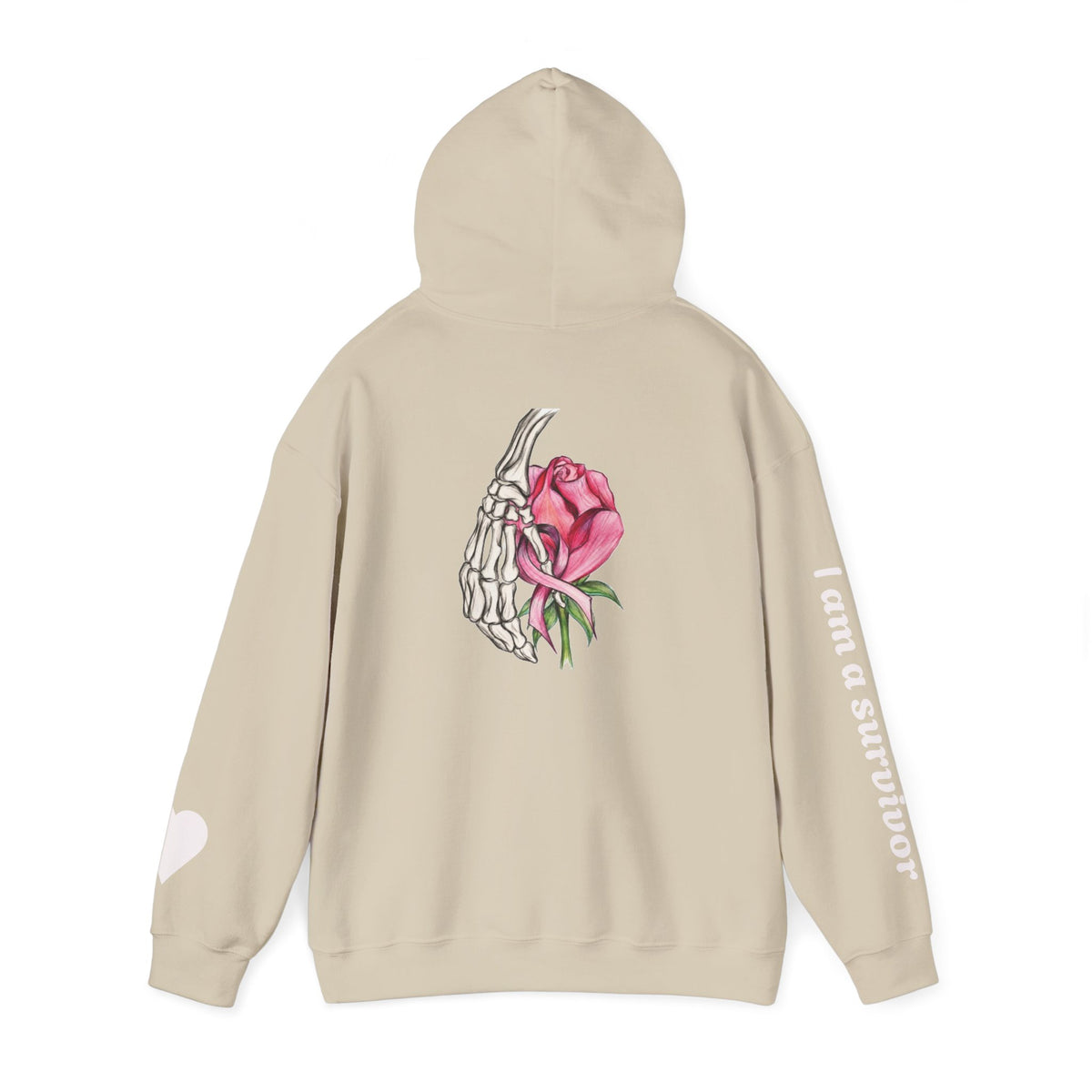 Breast Cancer Awareness Hoodie — Skeletal Hand Holding Pink Rose Back Graphic