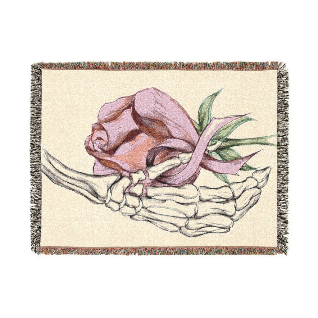 Breast Cancer Awareness Skeleton Hand Rose Woven Blanket