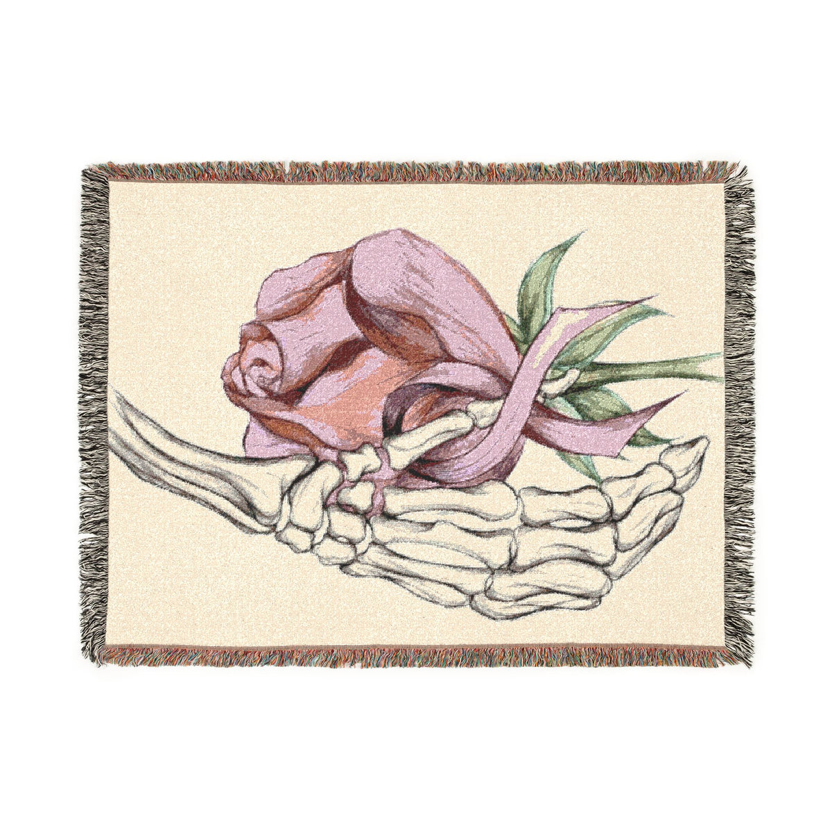 Breast Cancer Awareness Skeleton Hand Rose Woven Blanket