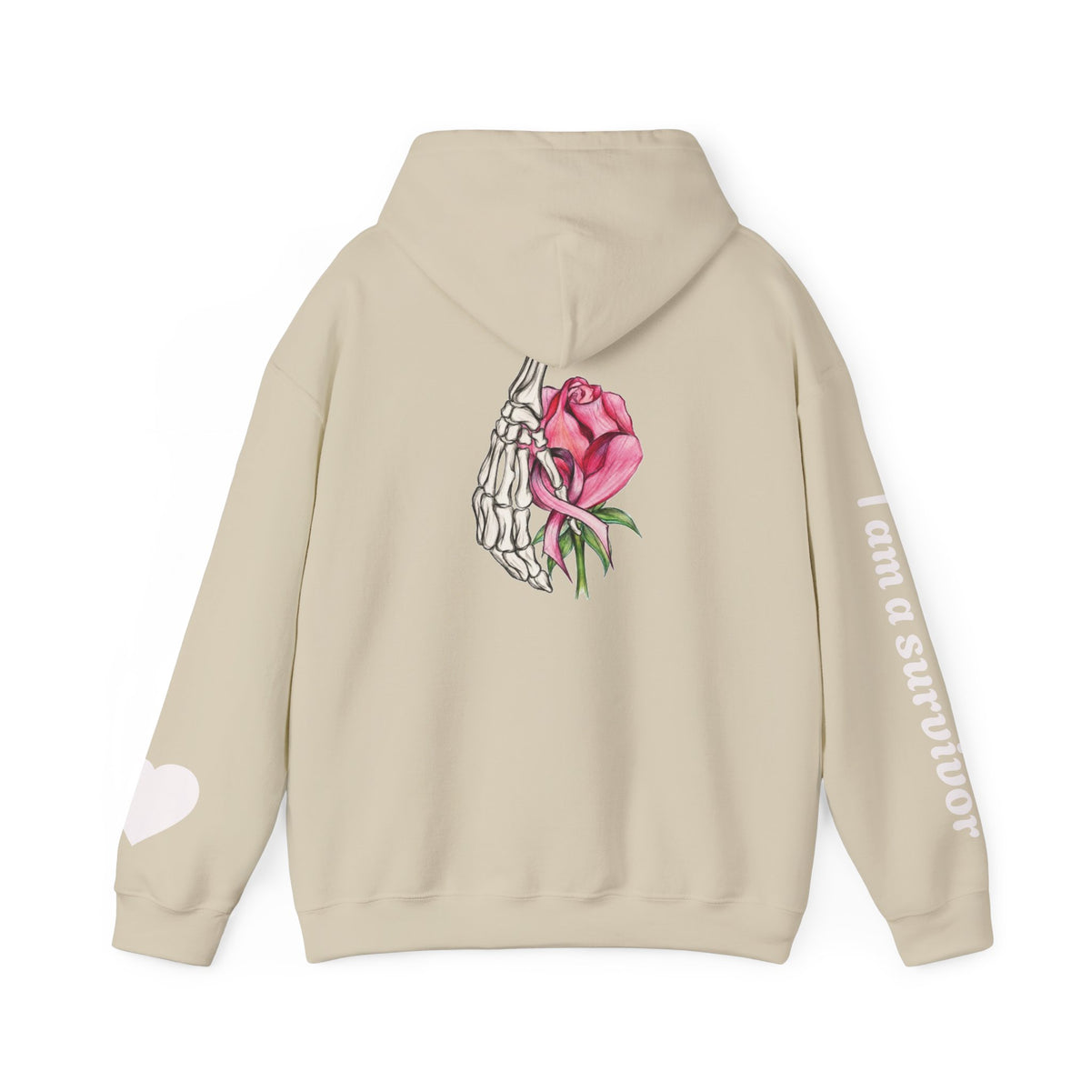 Breast Cancer Awareness Hoodie — Skeletal Hand Holding Pink Rose Back Graphic