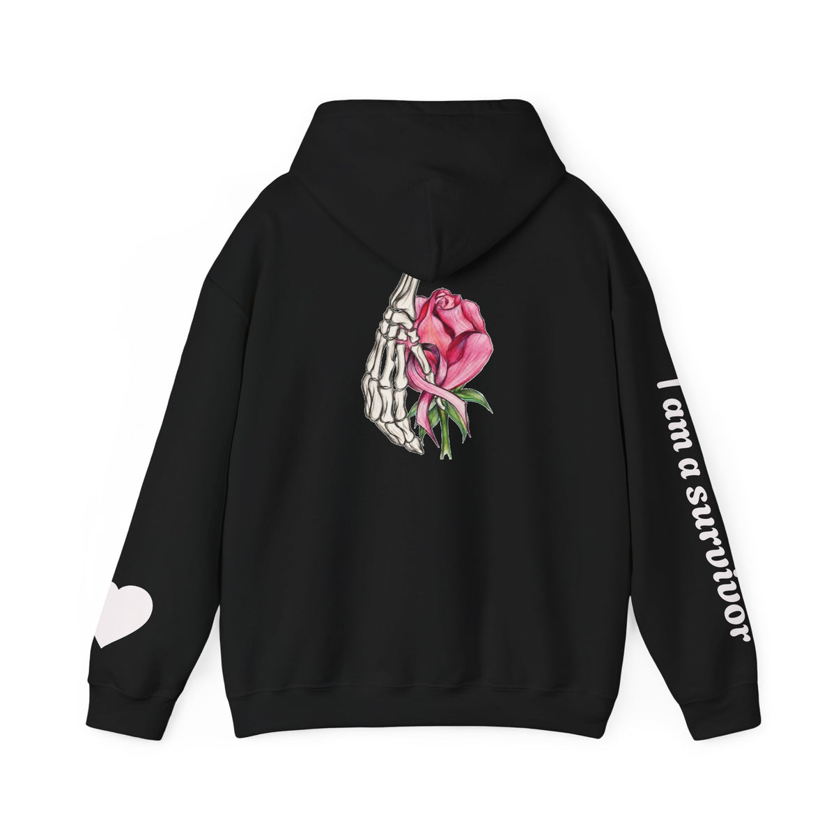 Breast Cancer Awareness Hoodie — Skeletal Hand Holding Pink Rose Back Graphic
