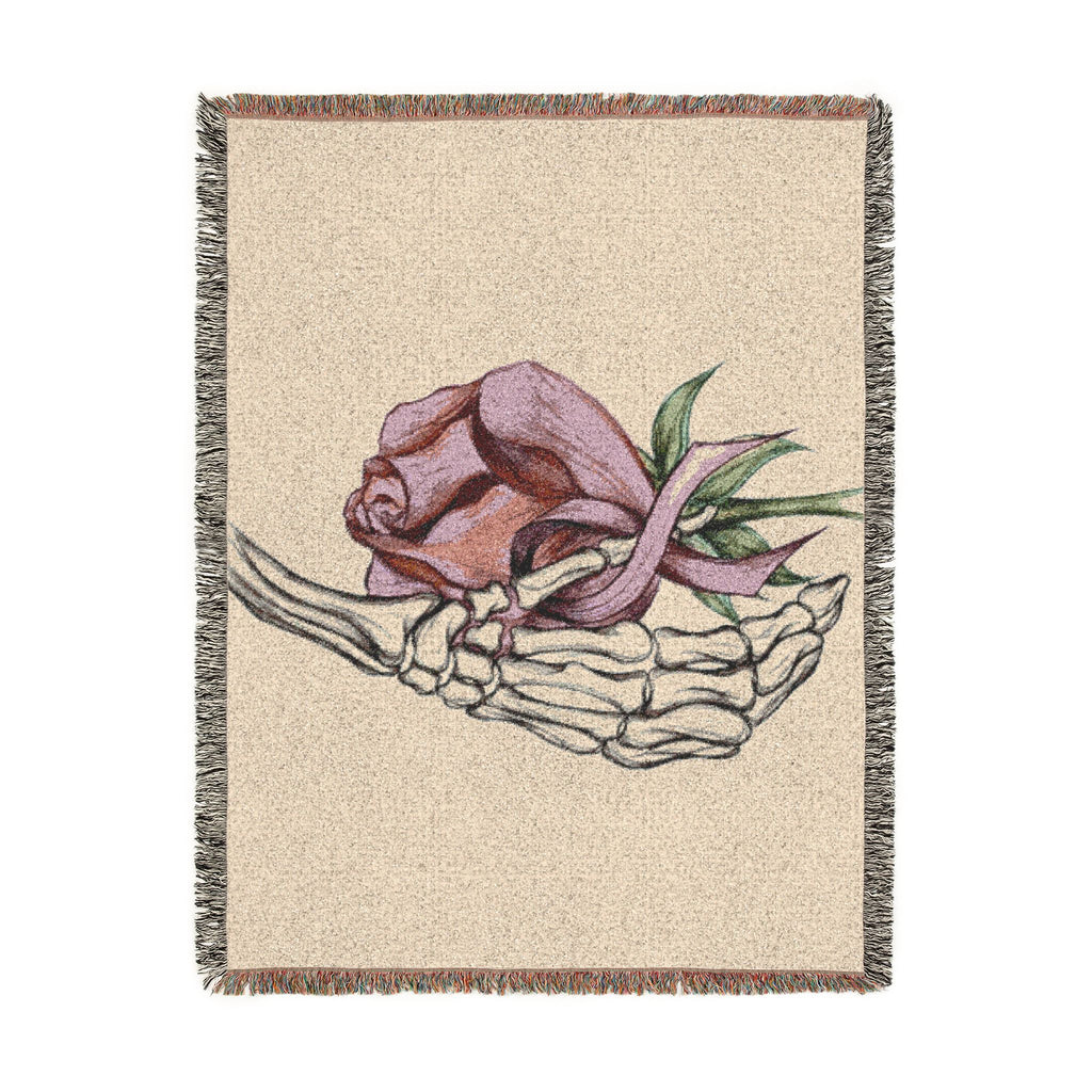 Breast Cancer Awareness Skeleton Hand Rose Woven Blanket