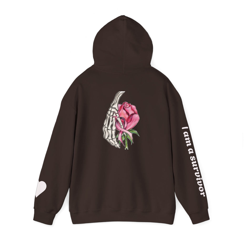 Breast Cancer Awareness Hoodie — Skeletal Hand Holding Pink Rose Back Graphic