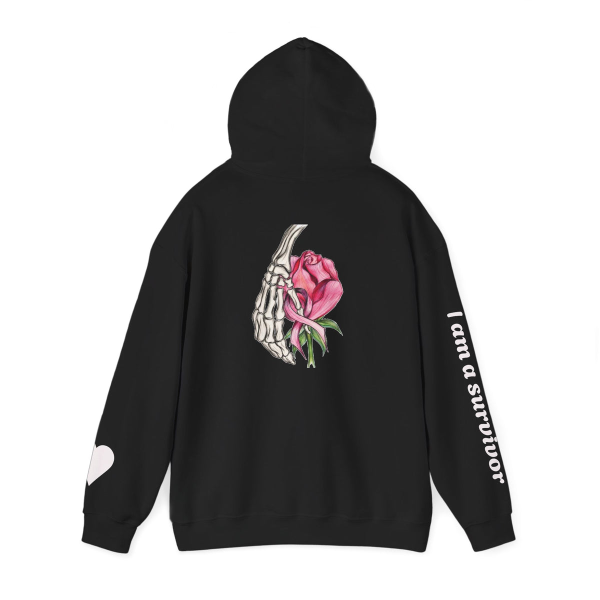 Breast Cancer Awareness Hoodie — Skeletal Hand Holding Pink Rose Back Graphic