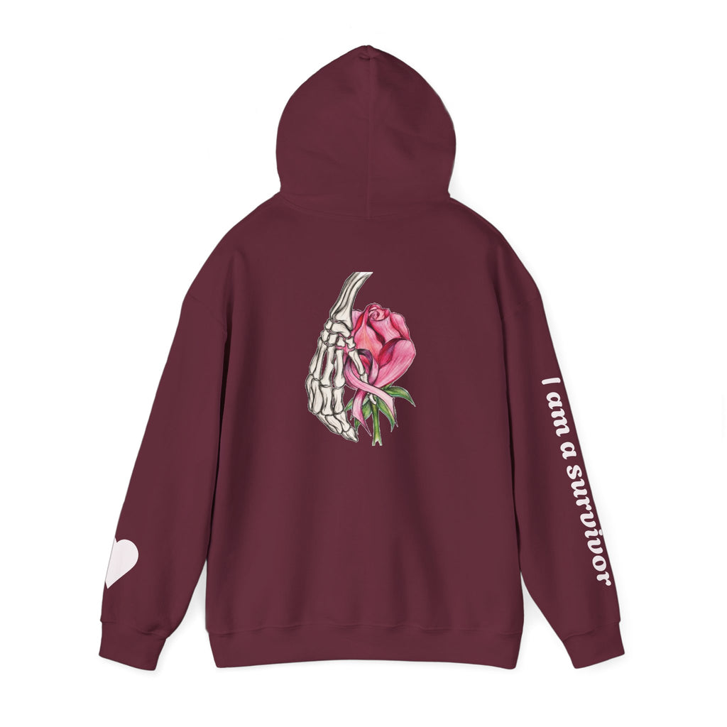 Breast Cancer Awareness Hoodie — Skeletal Hand Holding Pink Rose Back Graphic
