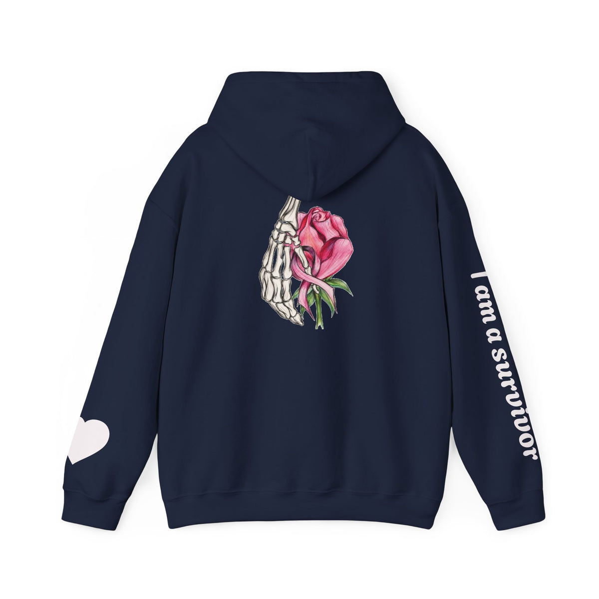 Breast Cancer Awareness Hoodie — Skeletal Hand Holding Pink Rose Back Graphic