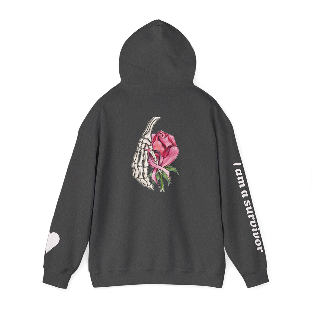 Breast Cancer Awareness Hoodie — Skeletal Hand Holding Pink Rose Back Graphic