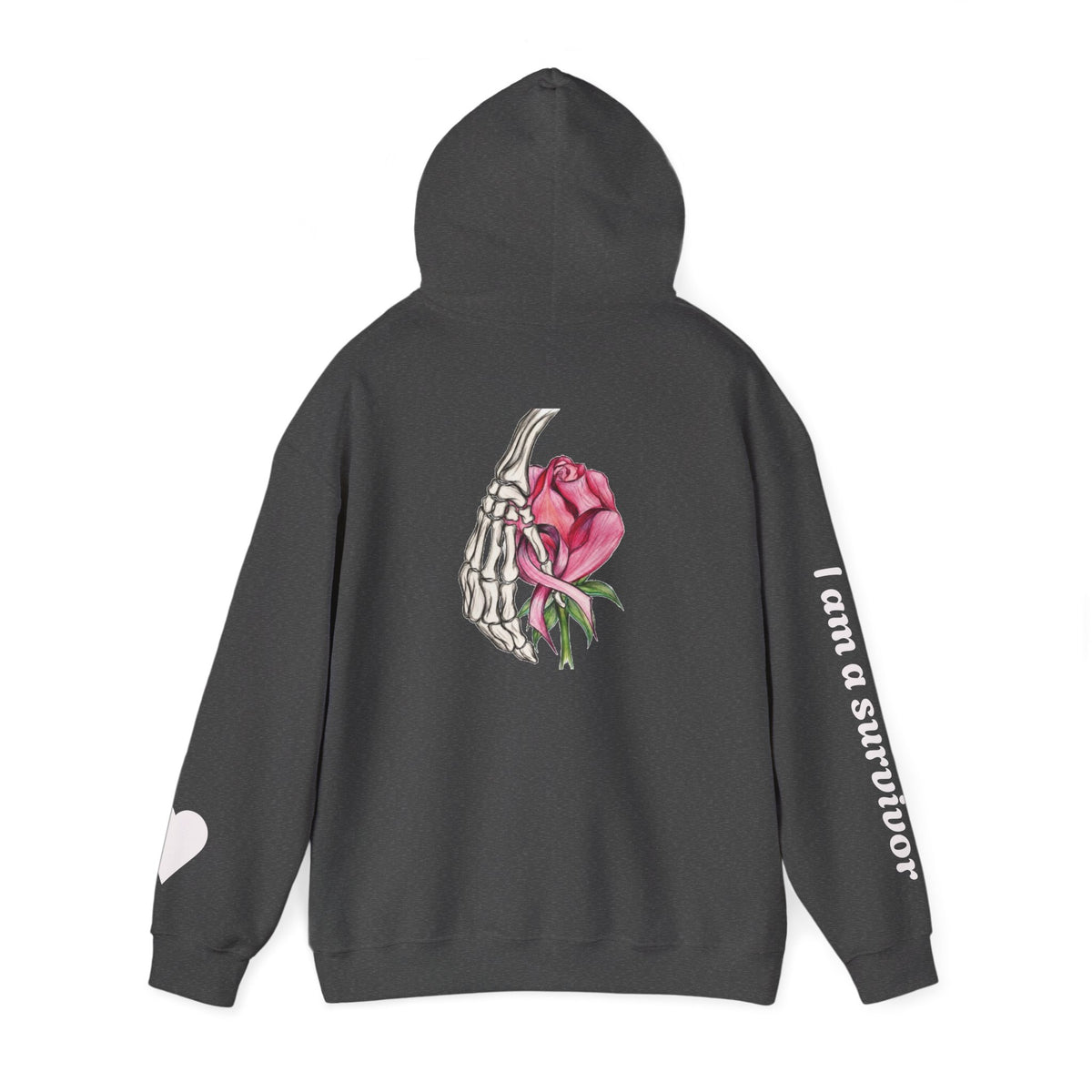 Breast Cancer Awareness Hoodie — Skeletal Hand Holding Pink Rose Back Graphic