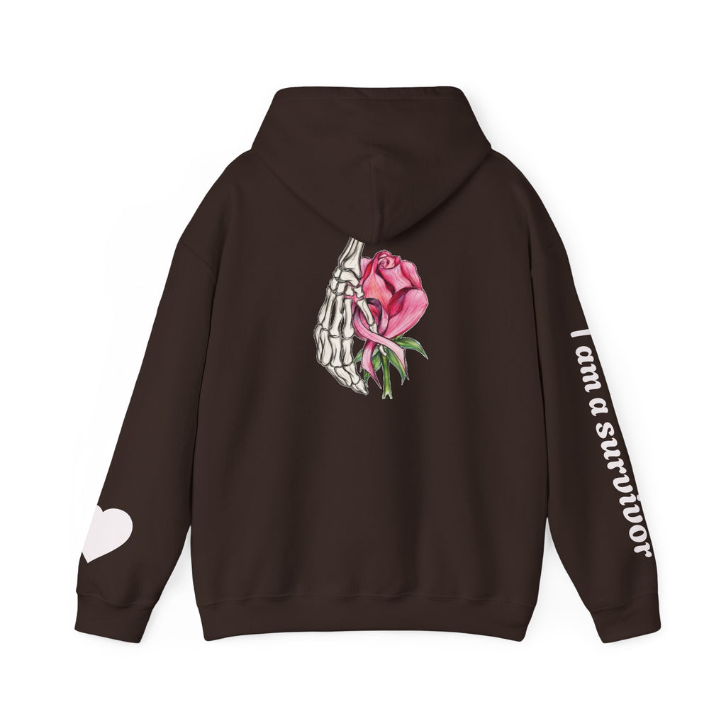 Breast Cancer Awareness Hoodie — Skeletal Hand Holding Pink Rose Back Graphic