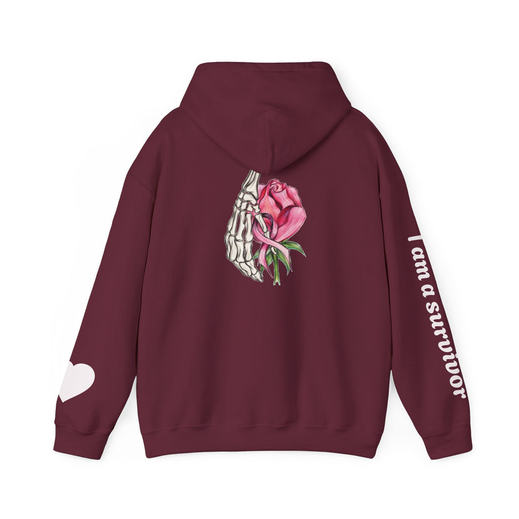 Breast Cancer Awareness Hoodie — Skeletal Hand Holding Pink Rose Back Graphic
