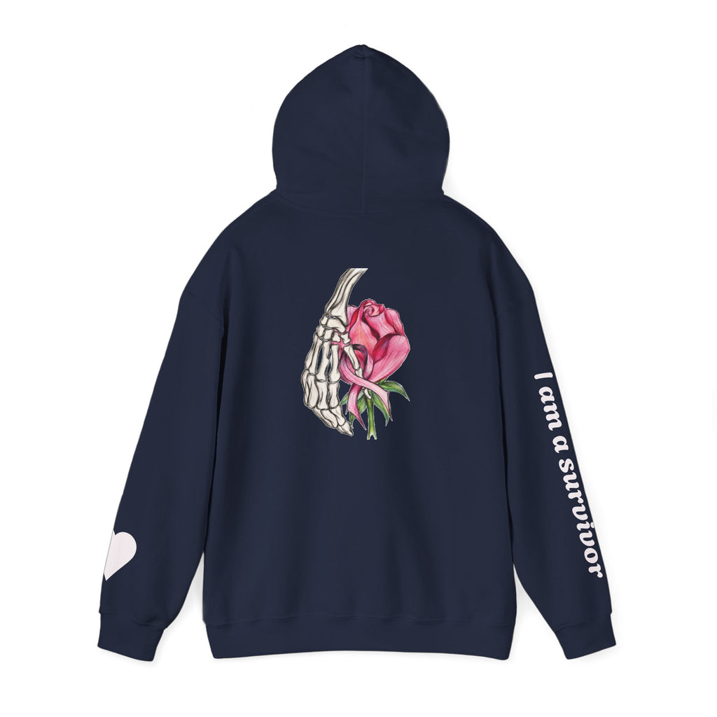 Breast Cancer Awareness Hoodie — Skeletal Hand Holding Pink Rose Back Graphic