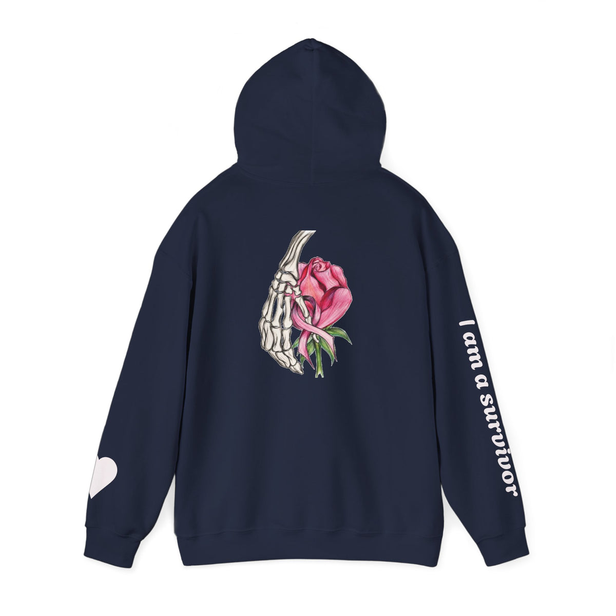 Breast Cancer Awareness Hoodie — Skeletal Hand Holding Pink Rose Back Graphic