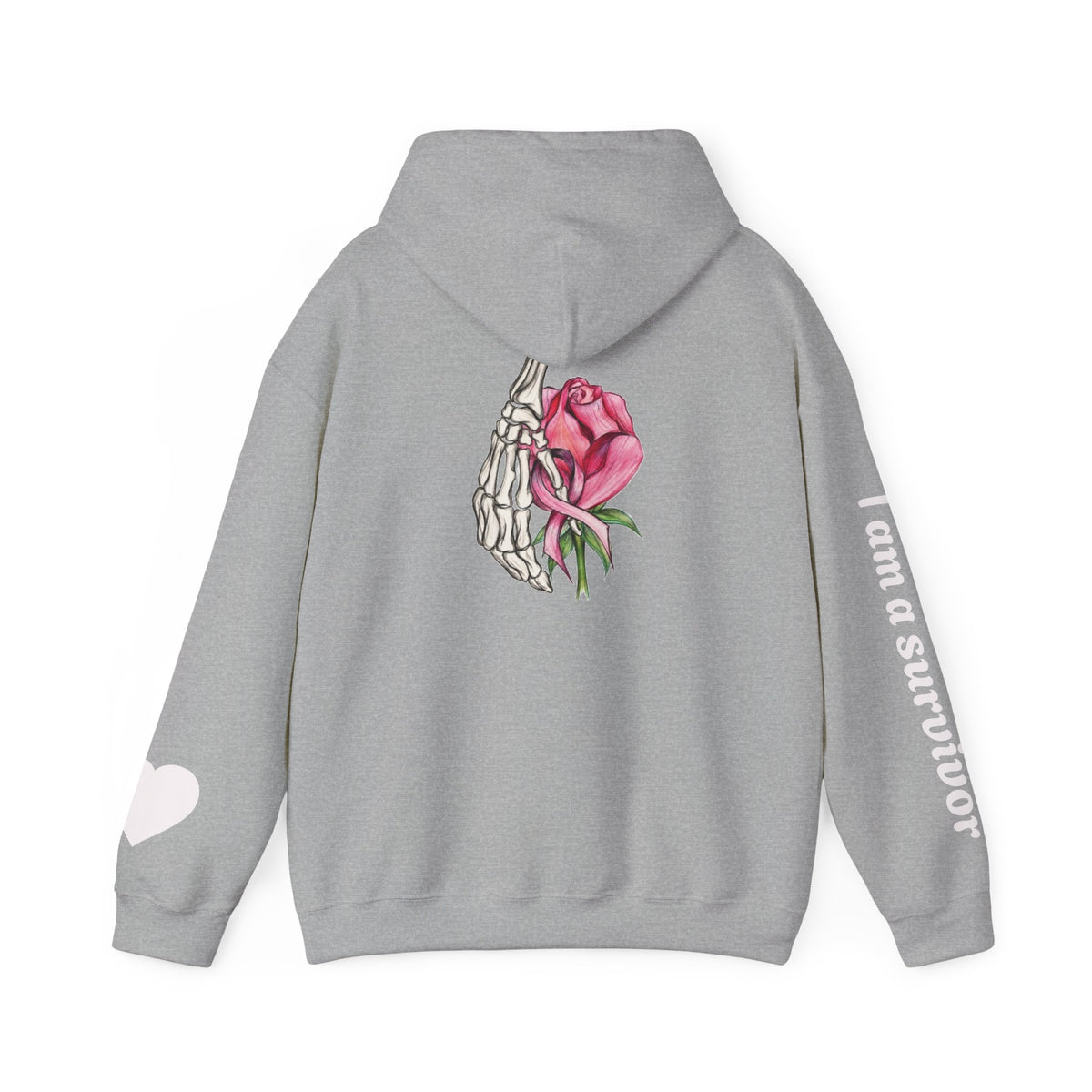 Breast Cancer Awareness Hoodie — Skeletal Hand Holding Pink Rose Back Graphic