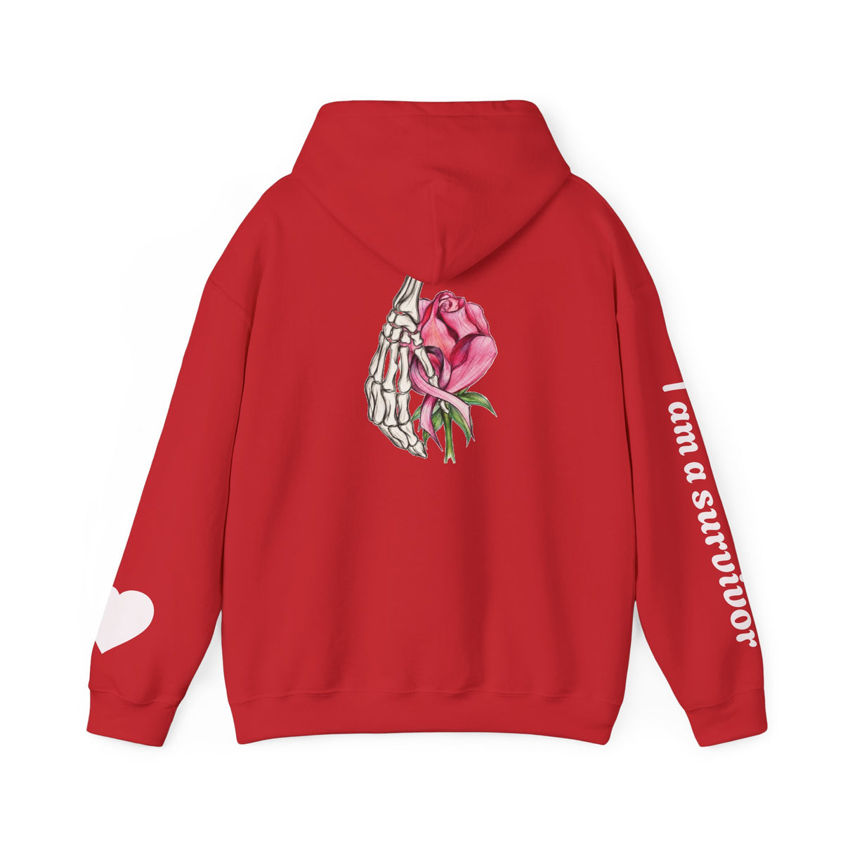 Breast Cancer Awareness Hoodie — Skeletal Hand Holding Pink Rose Back Graphic