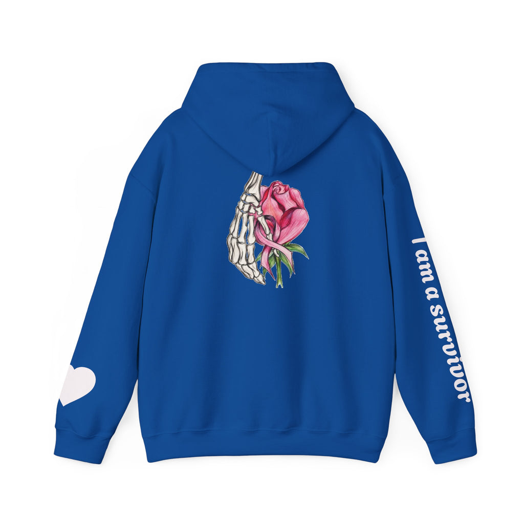 Breast Cancer Awareness Hoodie — Skeletal Hand Holding Pink Rose Back Graphic