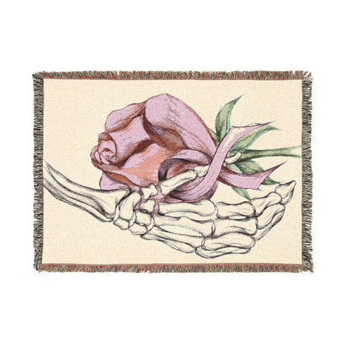 Breast Cancer Awareness Skeleton Hand Rose Woven Blanket