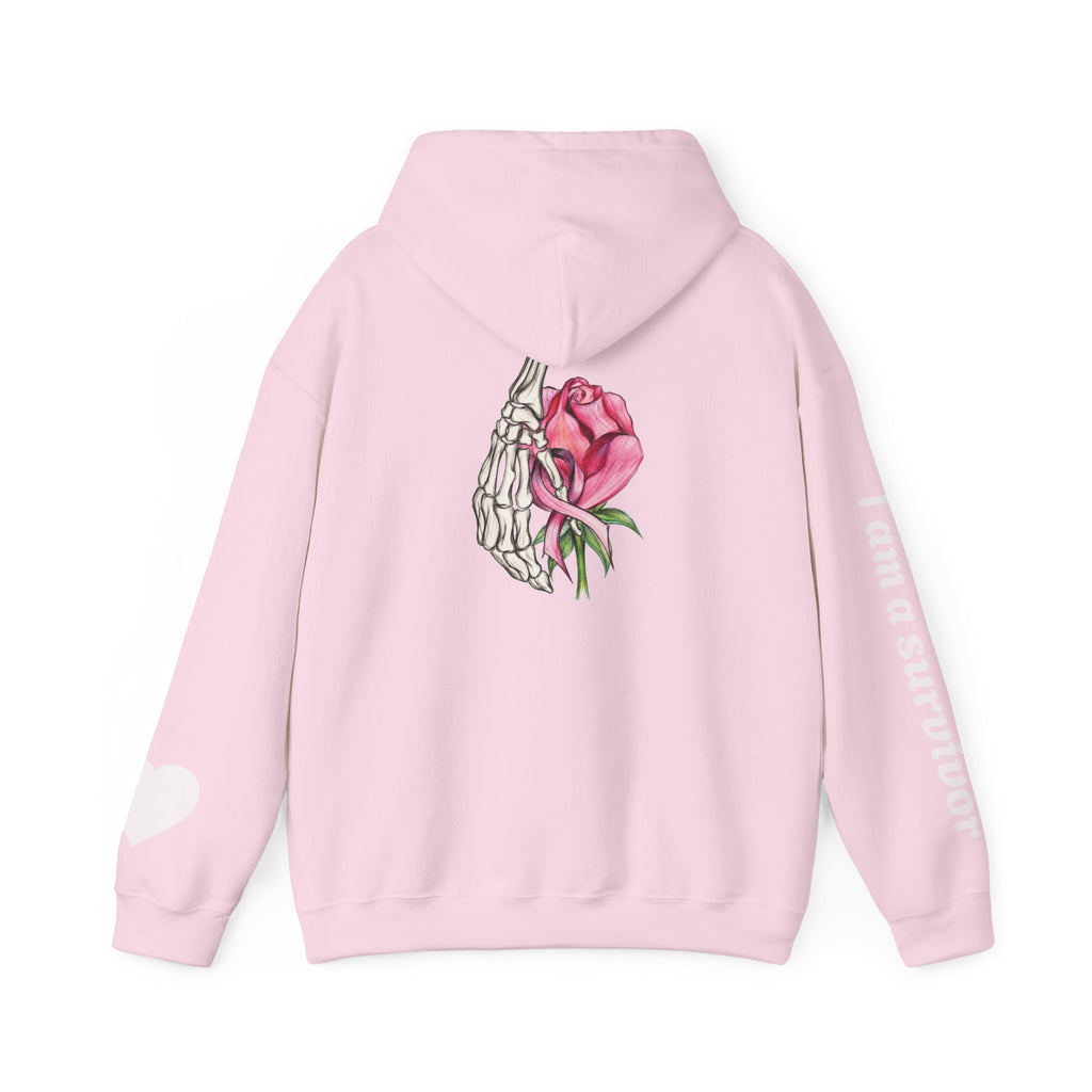 Breast Cancer Awareness Hoodie — Skeletal Hand Holding Pink Rose Back Graphic