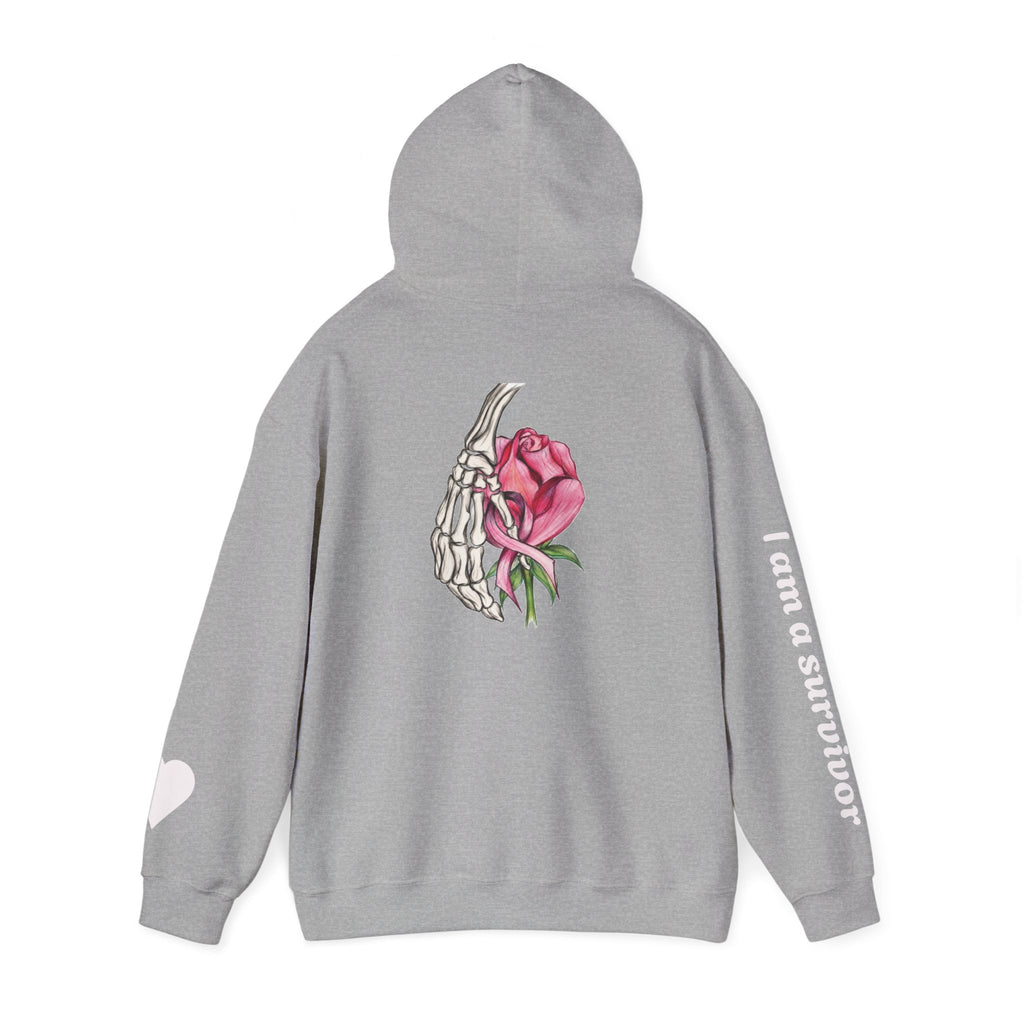 Breast Cancer Awareness Hoodie — Skeletal Hand Holding Pink Rose Back Graphic