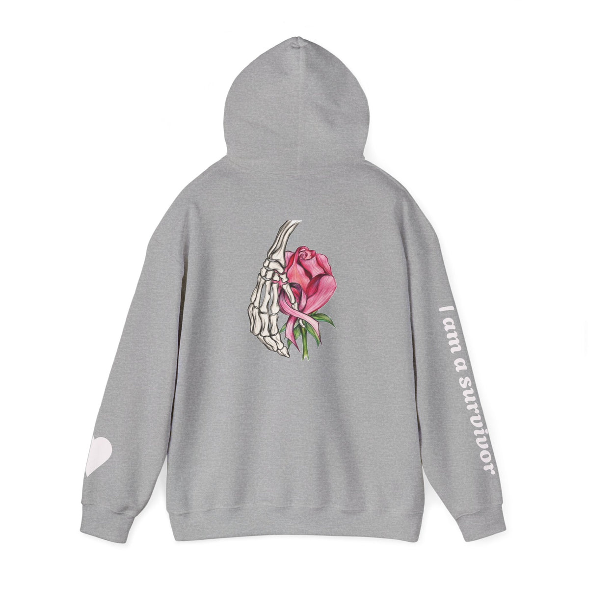 Breast Cancer Awareness Hoodie — Skeletal Hand Holding Pink Rose Back Graphic
