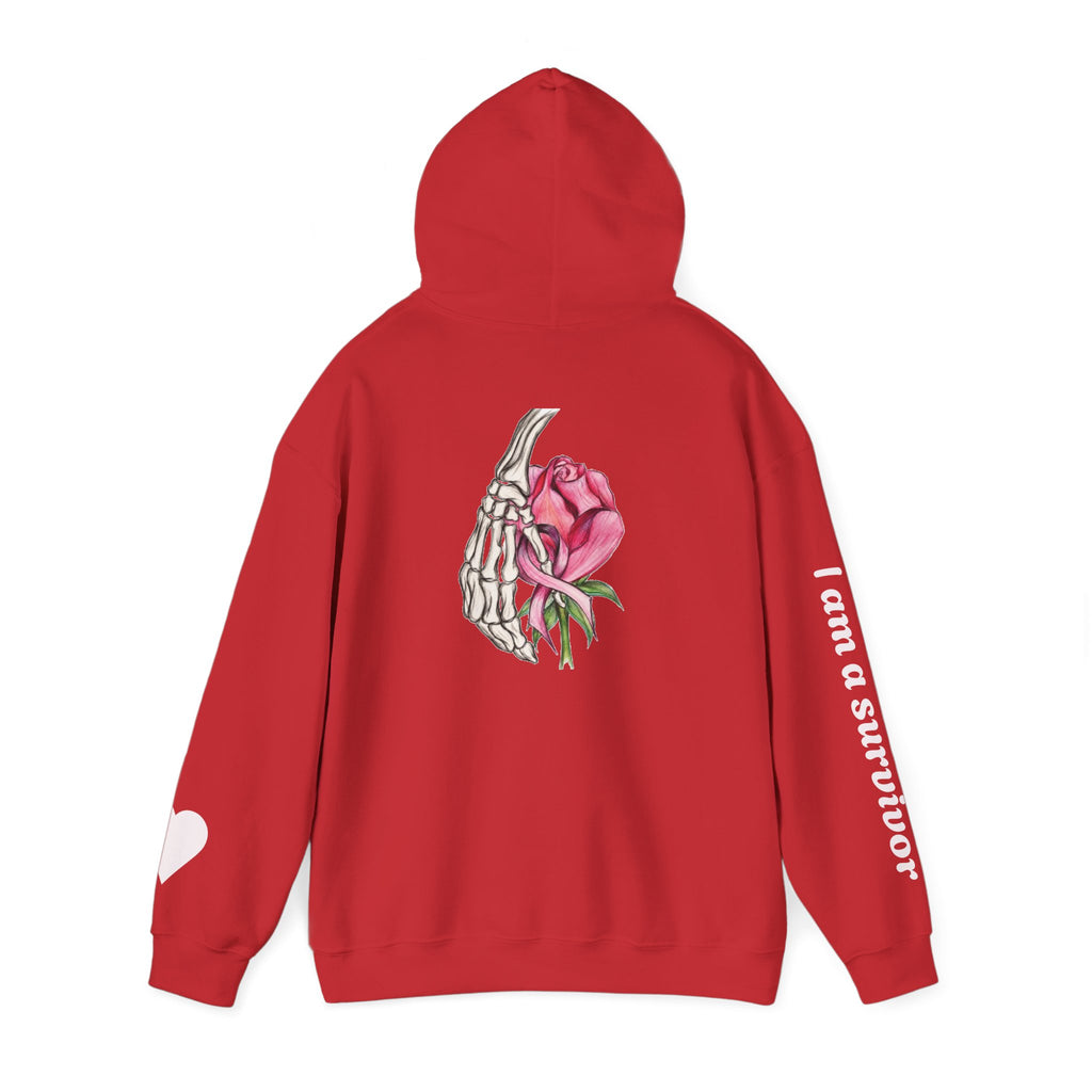 Breast Cancer Awareness Hoodie — Skeletal Hand Holding Pink Rose Back Graphic