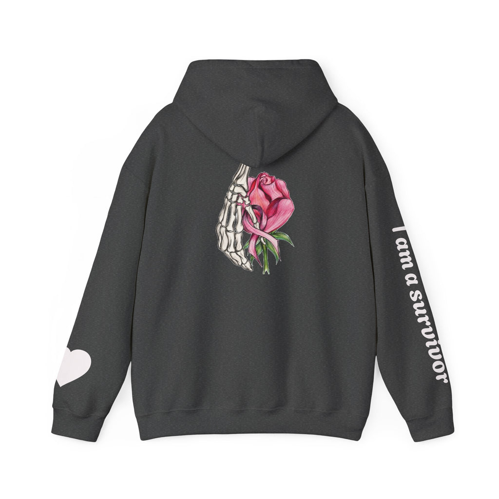 Breast Cancer Awareness Hoodie — Skeletal Hand Holding Pink Rose Back Graphic