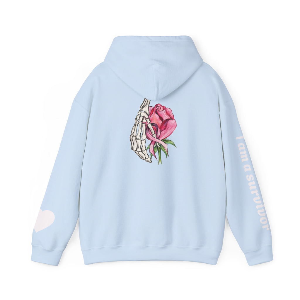 Breast Cancer Awareness Hoodie — Skeletal Hand Holding Pink Rose Back Graphic