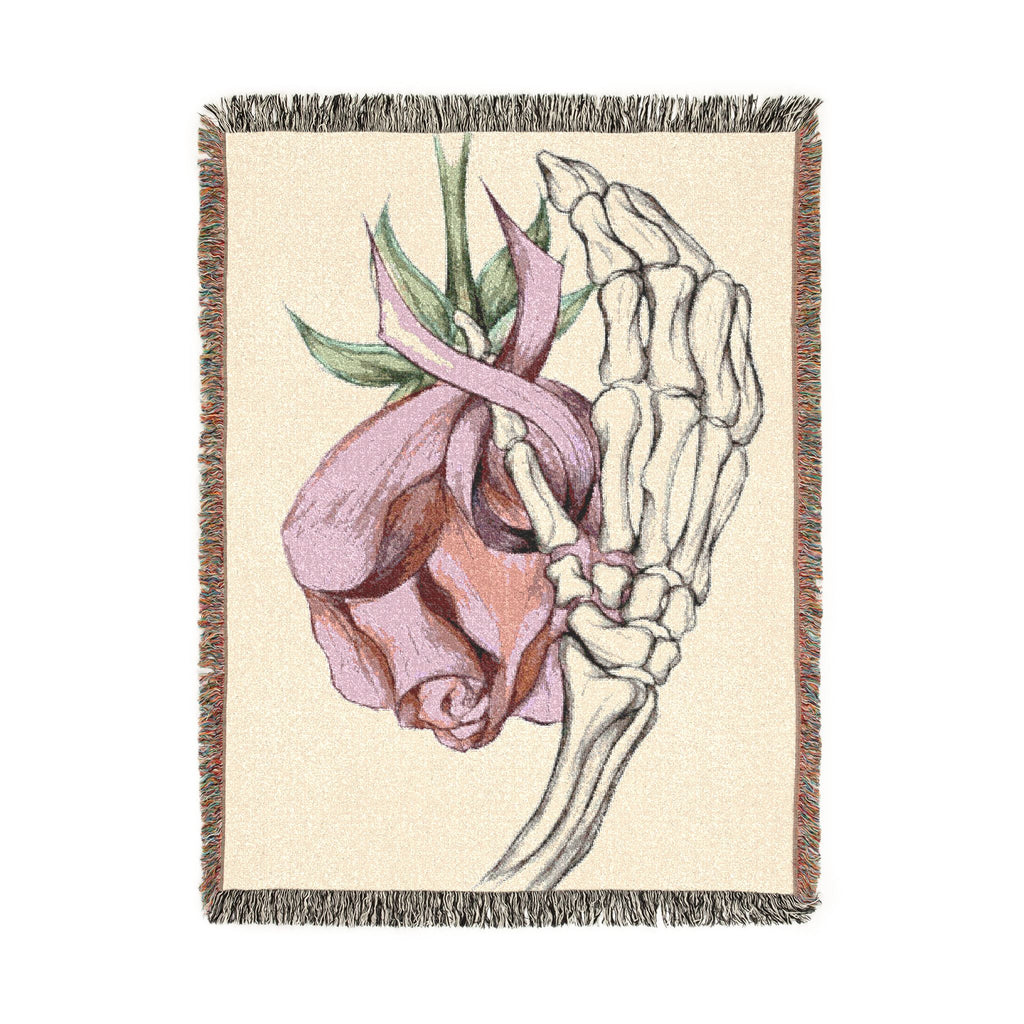 Breast Cancer Awareness Skeleton Hand Rose Woven Blanket