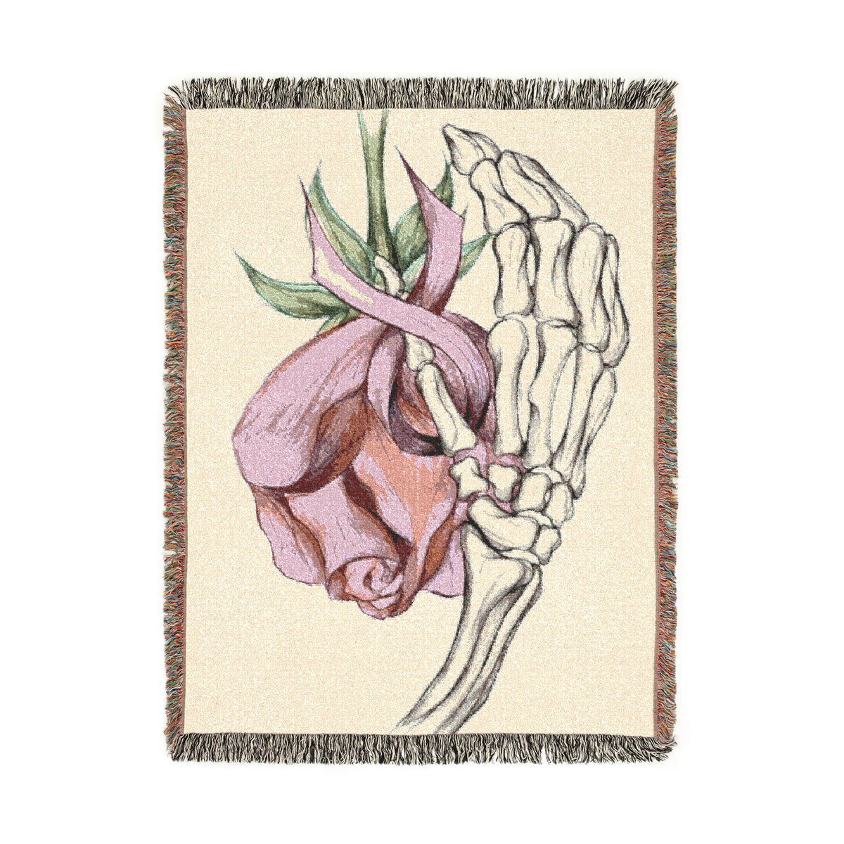 Breast Cancer Awareness Skeleton Hand Rose Woven Blanket