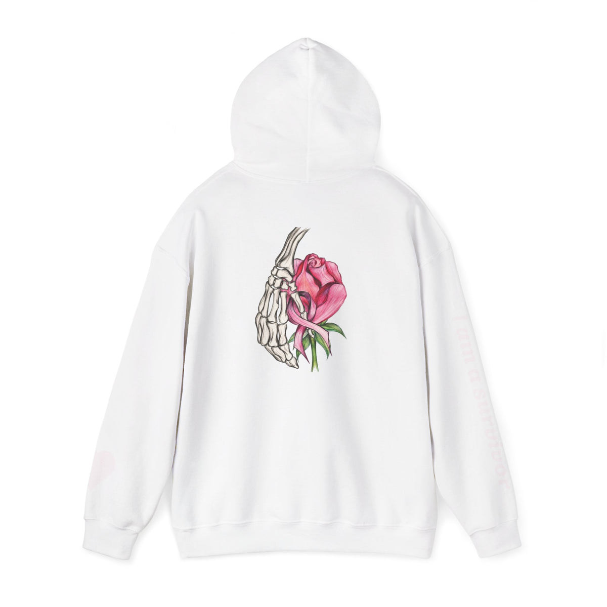 Breast Cancer Awareness Hoodie — Skeletal Hand Holding Pink Rose Back Graphic