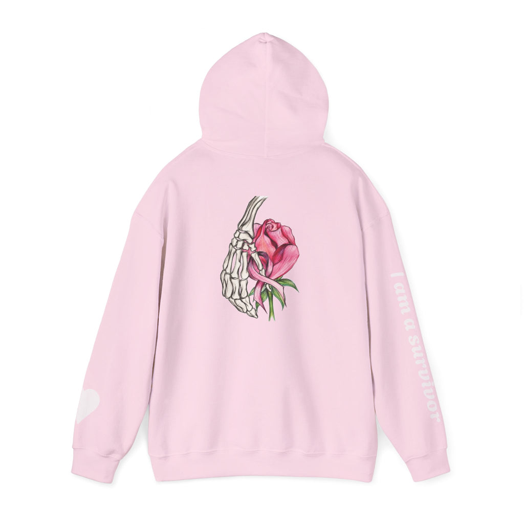 Breast Cancer Awareness Hoodie — Skeletal Hand Holding Pink Rose Back Graphic