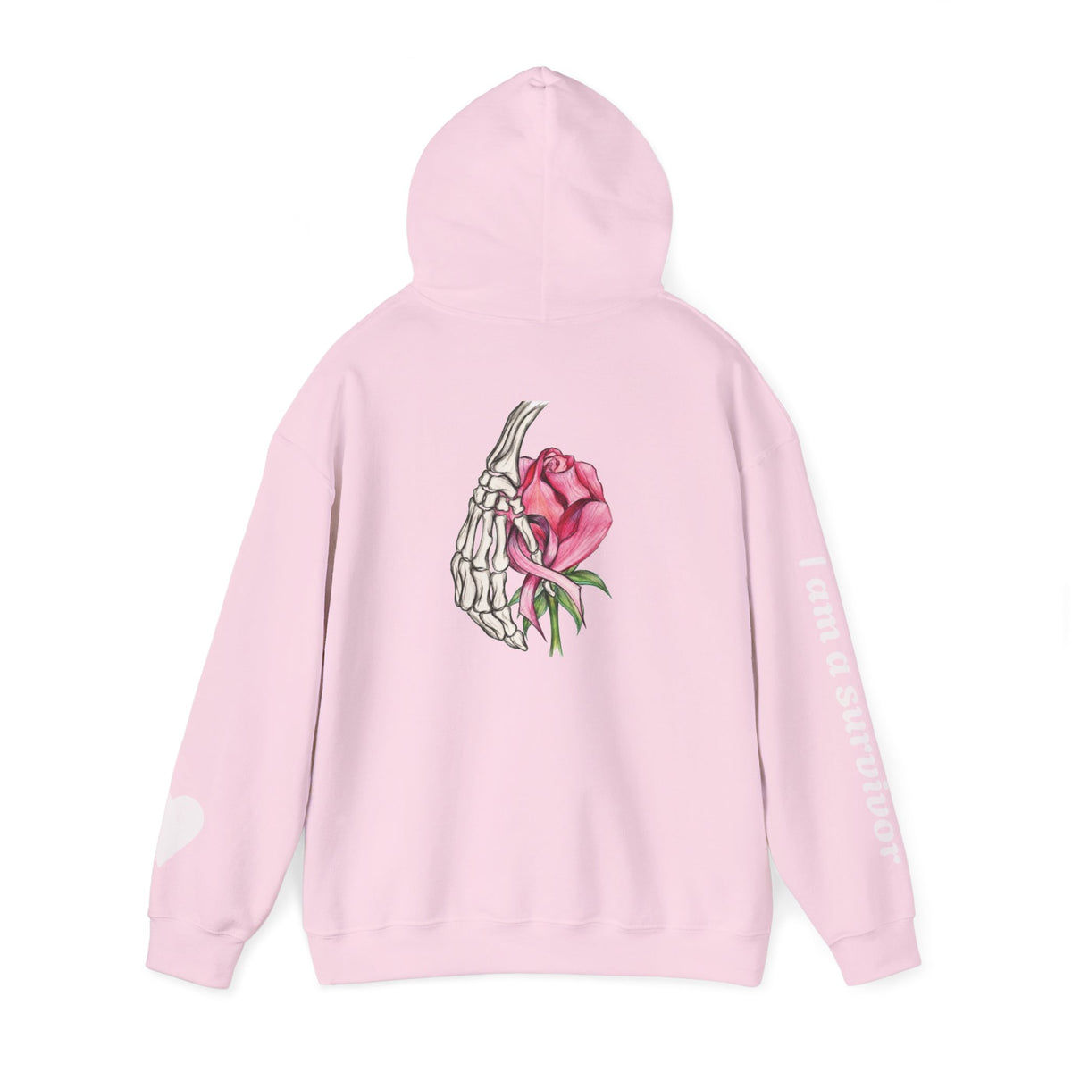 Breast Cancer Awareness Hoodie — Skeletal Hand Holding Pink Rose Back Graphic