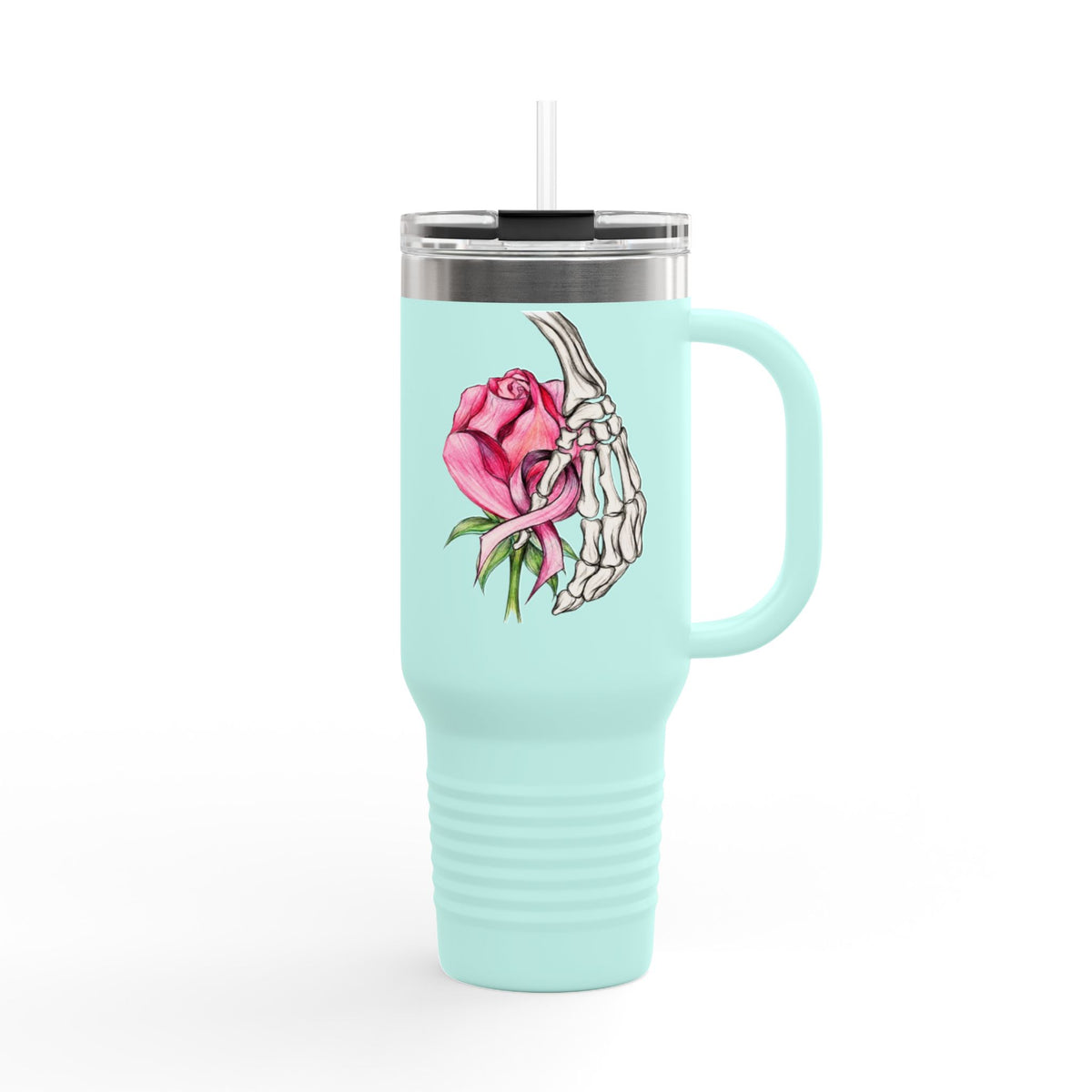 40oz Insulated Travel Mug — Rose & Skeleton Hand Floral Design