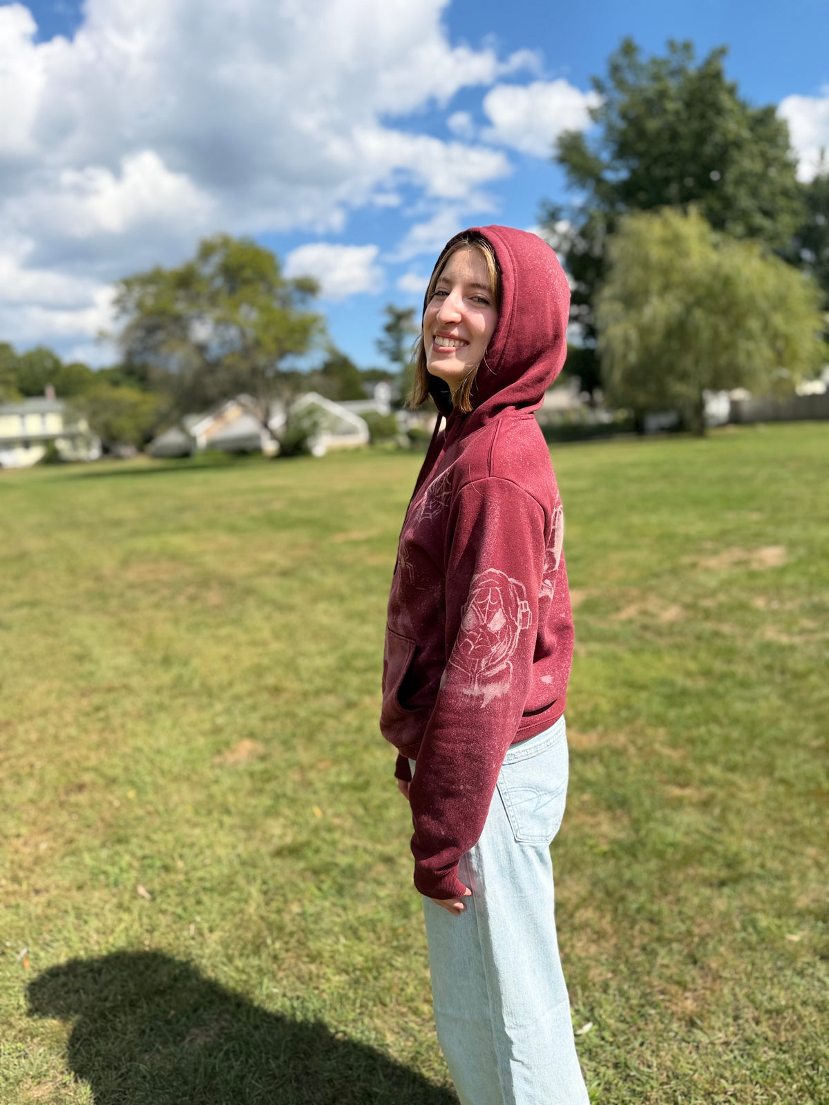 Hand Painted Spider-Man Hoodie – Bleach Dye Marvel Fan Art Sweatshirt, Unique Superhero Gift, One-of-a-Kind Wearable Art